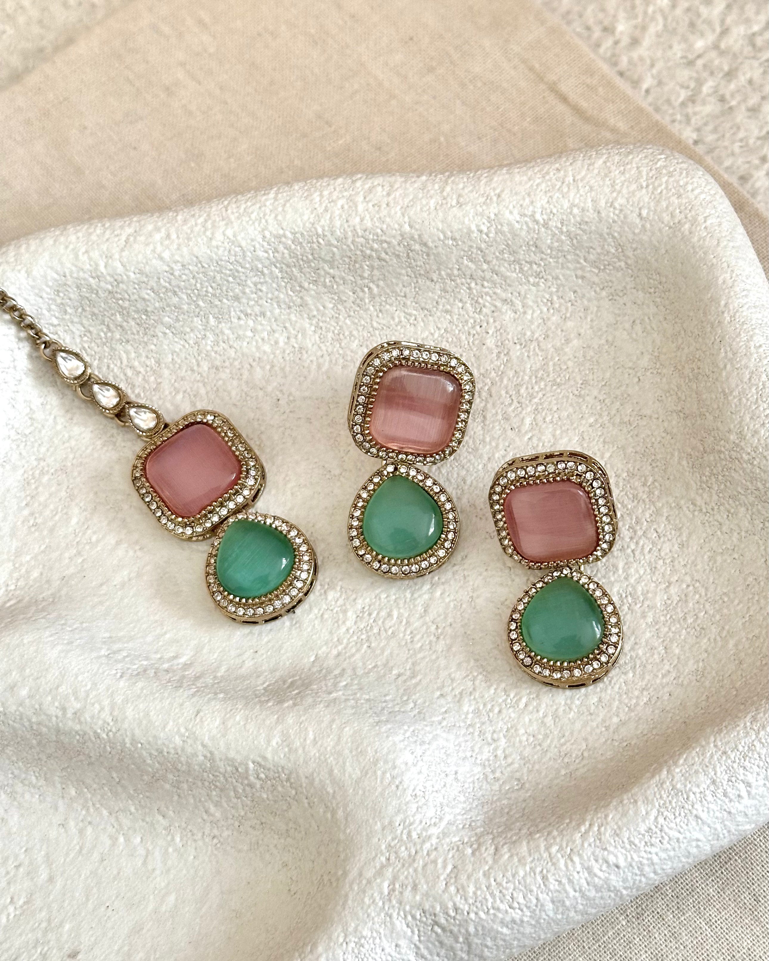 Zeenat Necklace Set | Pink & Mint Green