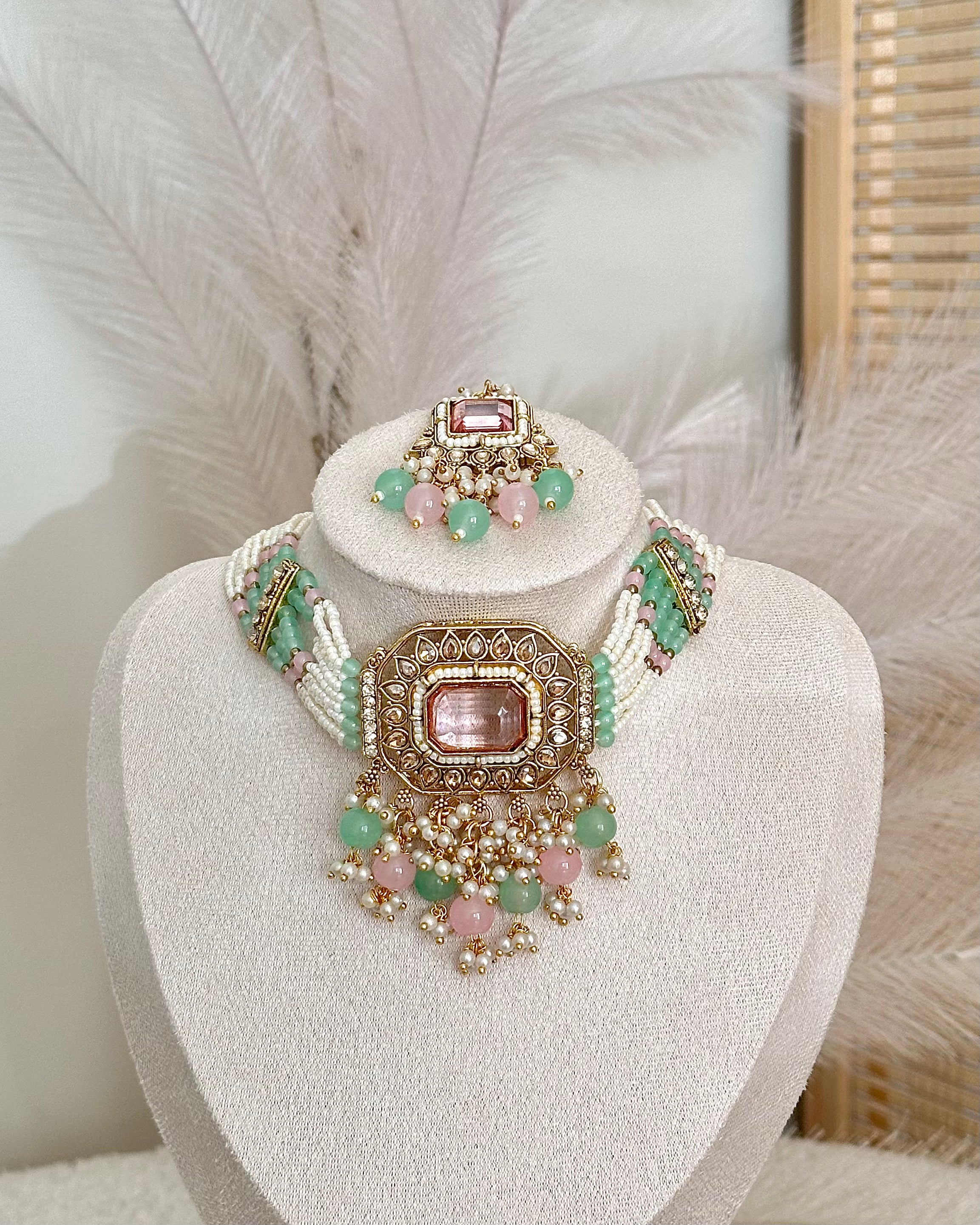 Aira Choker Set | Baby Pink & Mint Green
