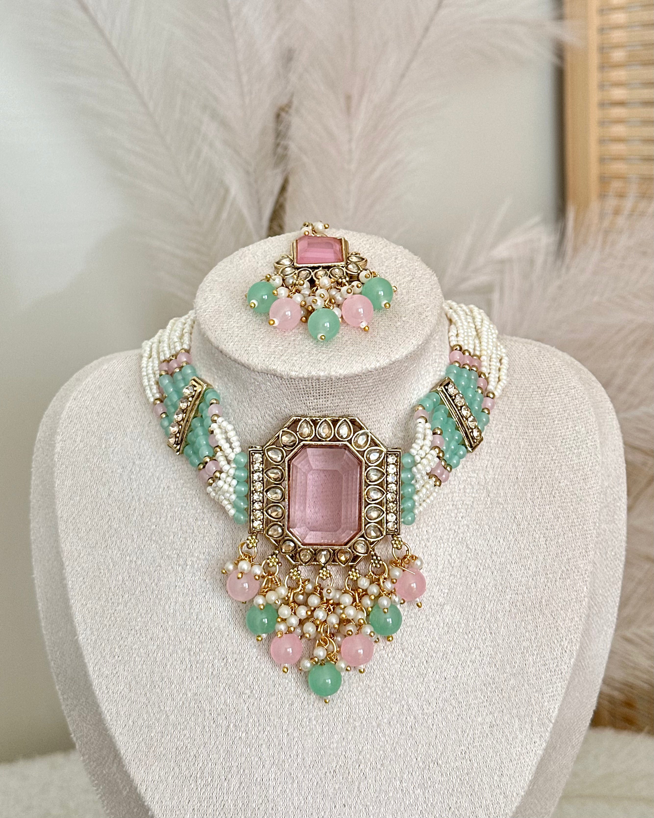 Afreen Choker Set | Baby Pink & Mint Green
